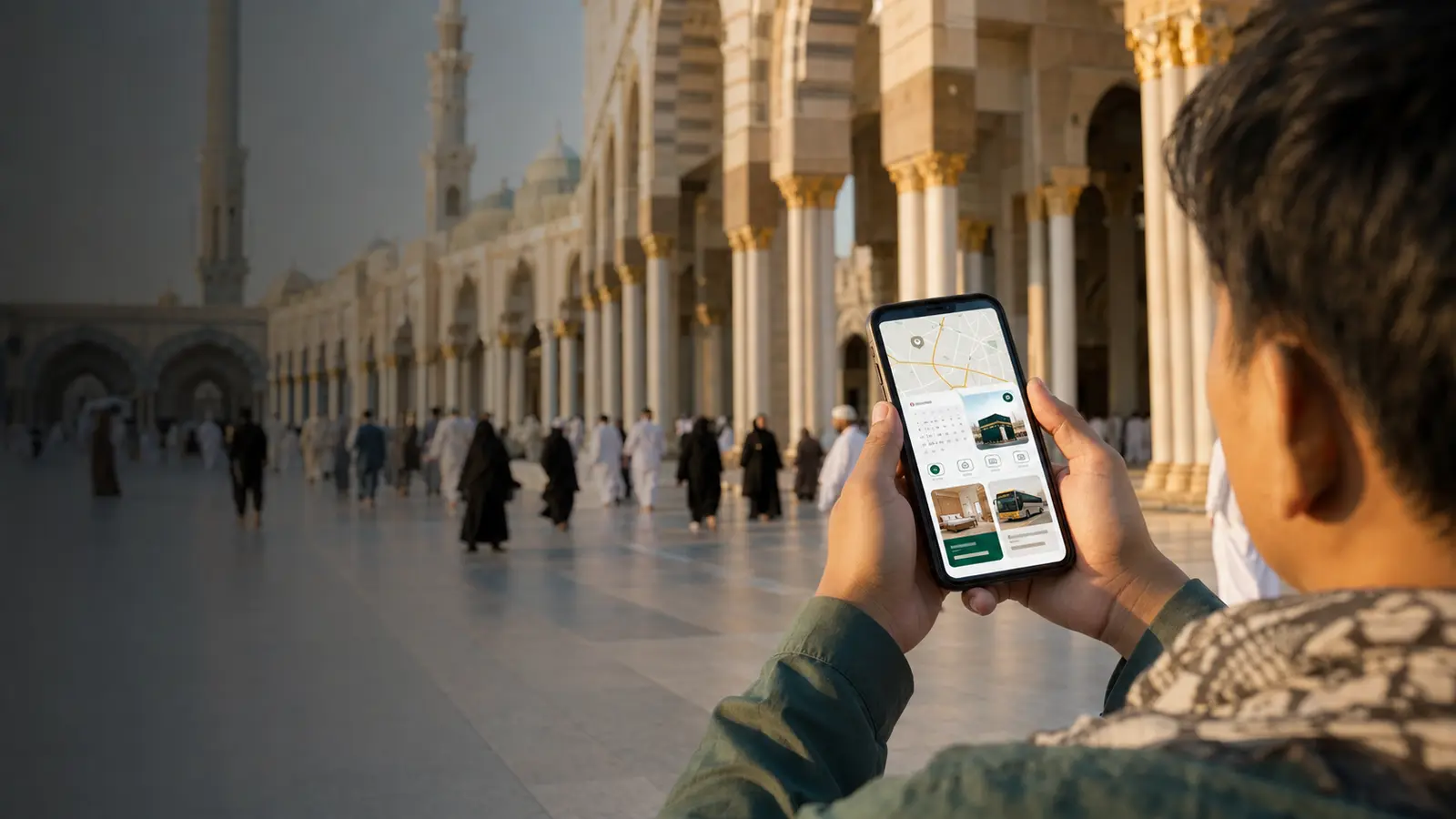 Jamaah menggunakan ponsel untuk merencanakan layanan umrah