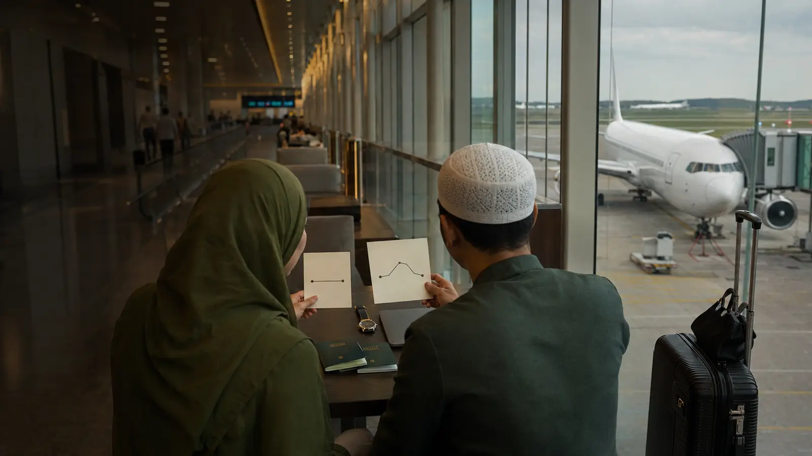 Pasangan membandingkan rute penerbangan langsung dan transit di bandara