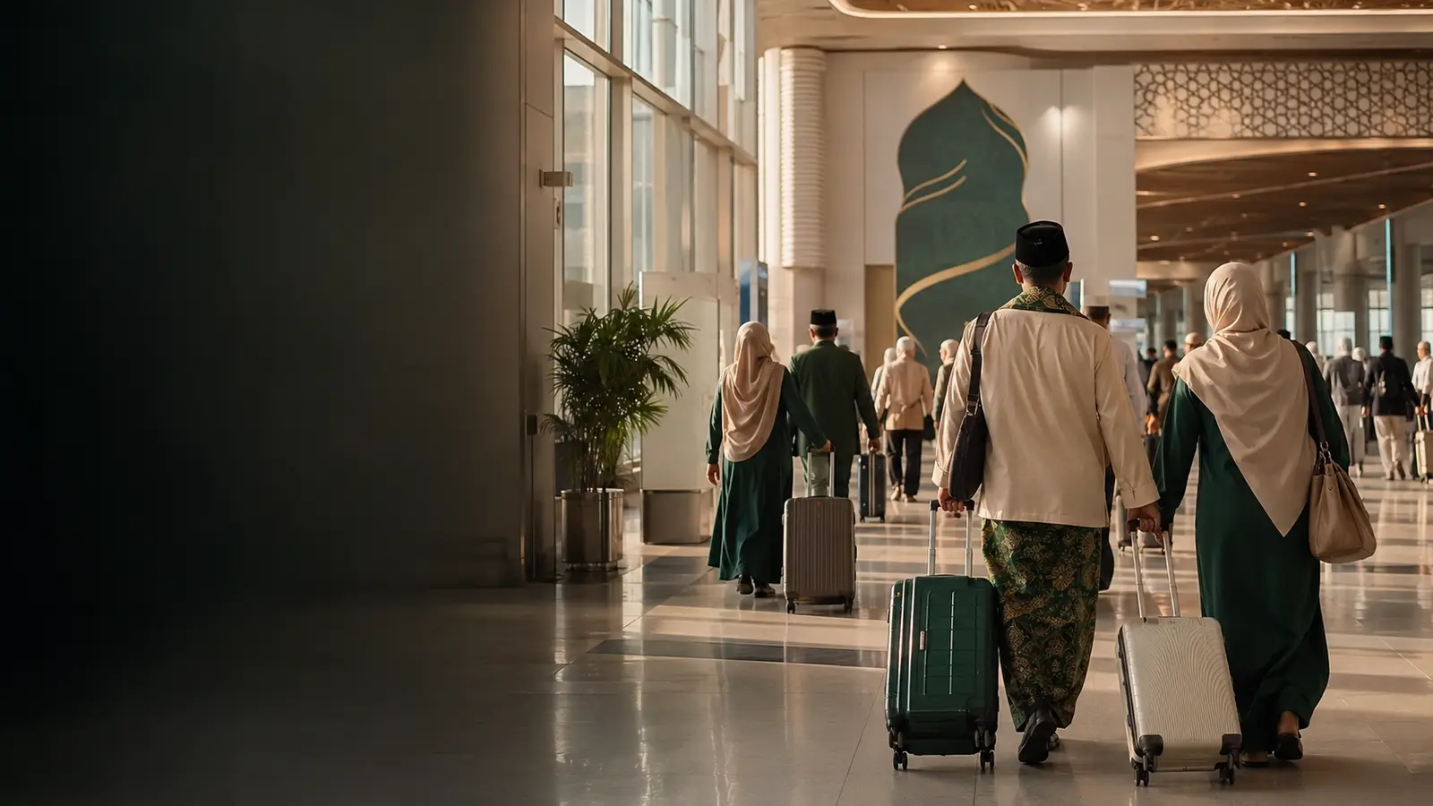 Jamaah umrah berjalan dengan bagasi di terminal bandara modern